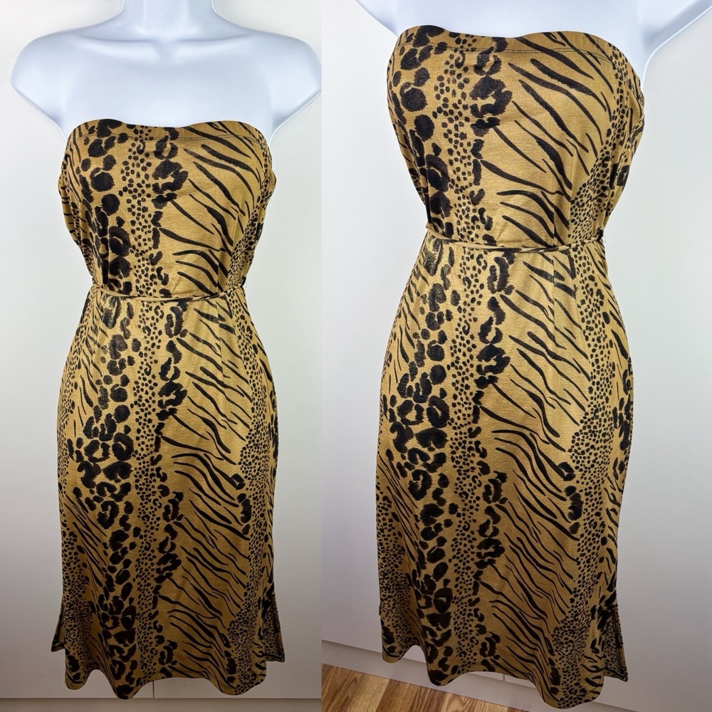 Y2K Leopard Glitter Sparkle Strapless Cocktail Club Dress Gold Tiger Vintage NEW